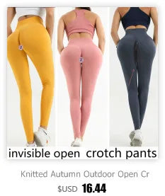 Knitted Autumn Outdoor Open Crotch Women's Peach Hip Sports Leggings Invisible Zipper Workout Pants Tight Sexy Gym Trousers